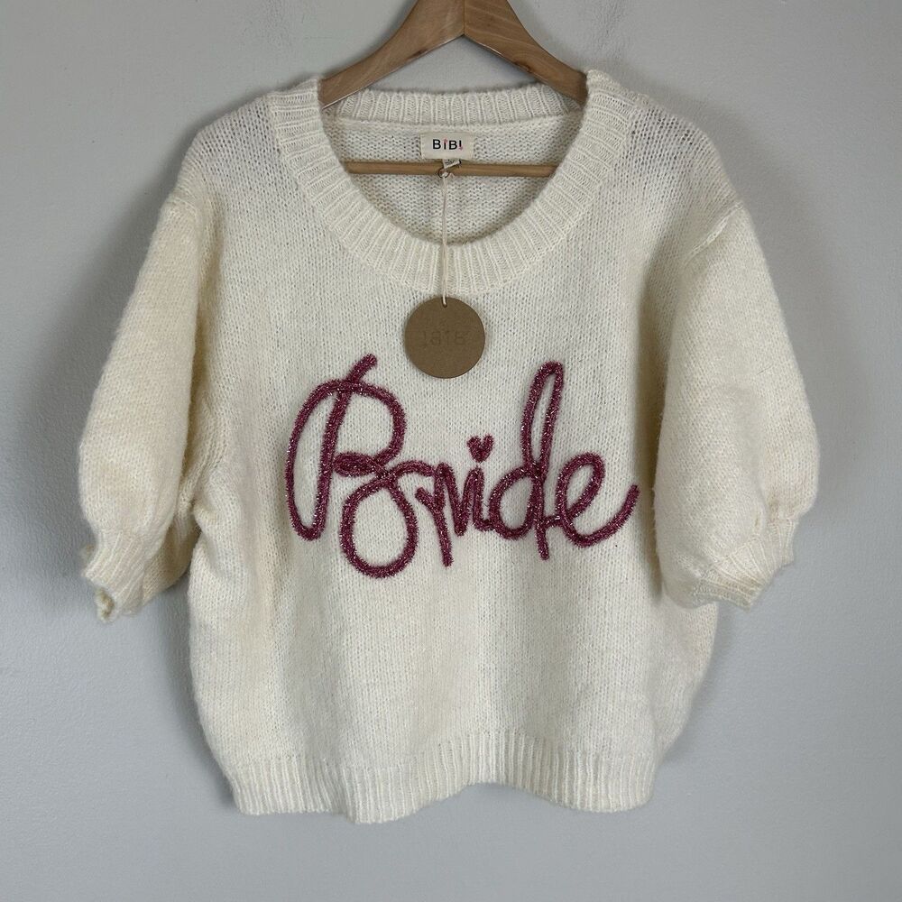 Bibi Bride Spellout Sweater Embroidered Letter White Pullover L Bridal Party